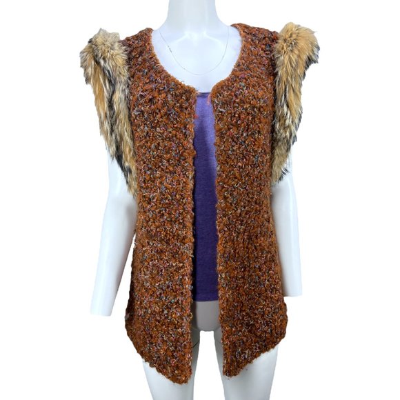VTG Late 80's ANN WI Brown & Multi Color Hand Knit Vest with Faux Fur Sleeves M - Picture 1 of 10